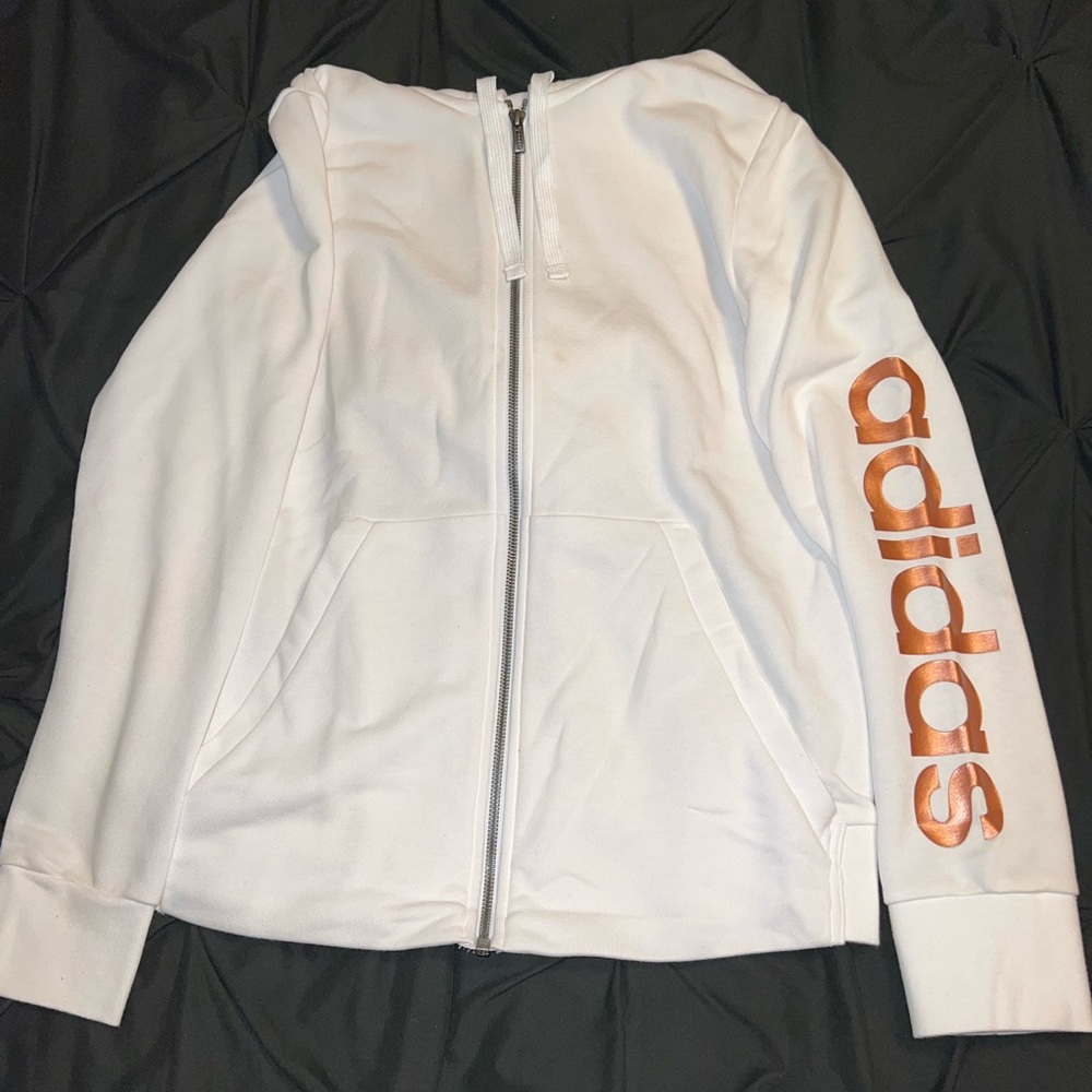 Adidas Women’s Essentials Logo Hoodie with Rose Gold Foil Emblem - White